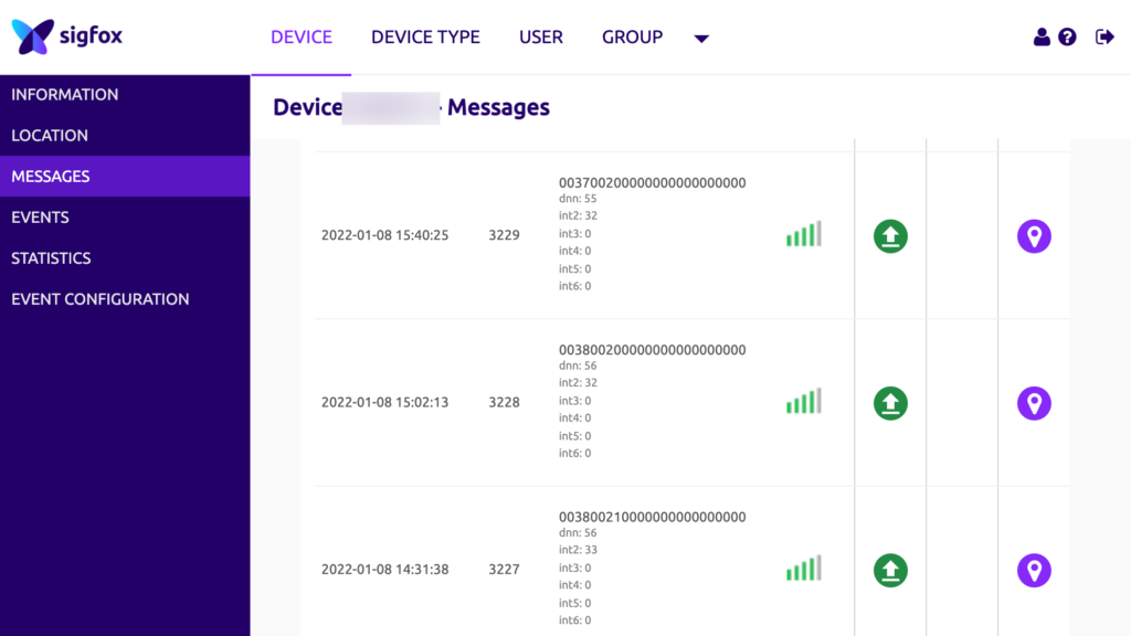 Sigfox Cloudに送信されたデータ